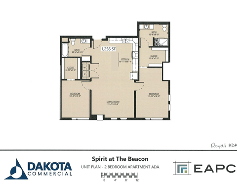 Floor plan for 2 beds, 2 baths, 1256 sqft